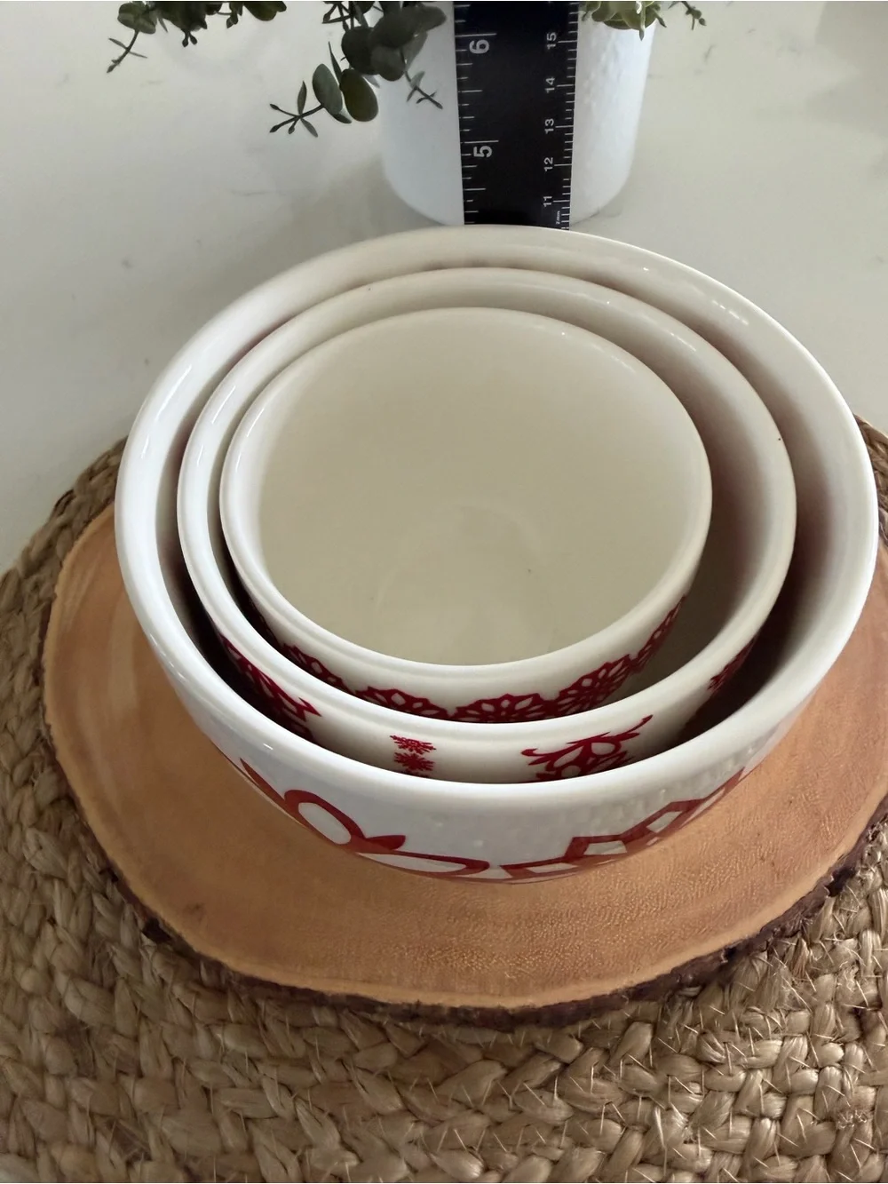 Crate & Barrel Kate Forrester White Ceramic Nesting Bowl Set with Red Snowflakes